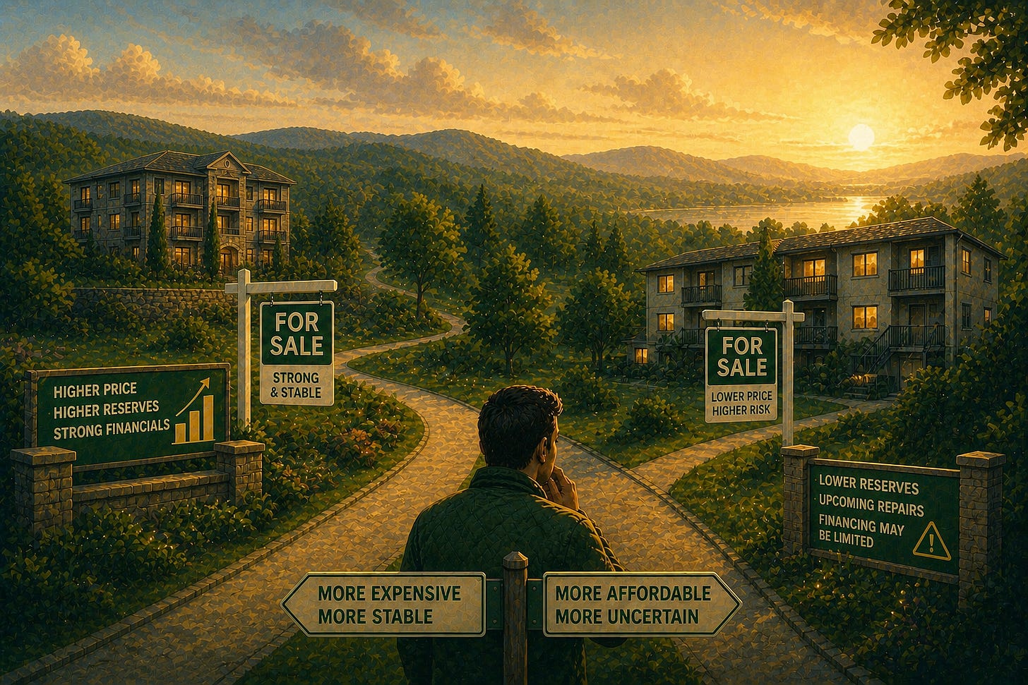 A buyer at a fork in the road choosing between two condo buildings illustrating the 2027 condo financing split. The left path leads to a well-maintained building with a sign reading "FOR SALE — Strong & Stable" and a billboard listing "Higher Price, Higher Reserves, Strong Financials." A path marker labels this route "More Expensive, More Stable." The right path leads to a smaller building with a sign reading "FOR SALE — Lower Price, Higher Risk" and a billboard warning "Lower Reserves, Upcoming Repairs, Financing May Be Limited." A path marker labels this route "More Affordable, More Uncertain." The buyer stands at the crossroads looking out over a valley at sunset, deciding between the two condo financing paths created by the new Fannie Mae reserve rules taking effect January 4, 2027.