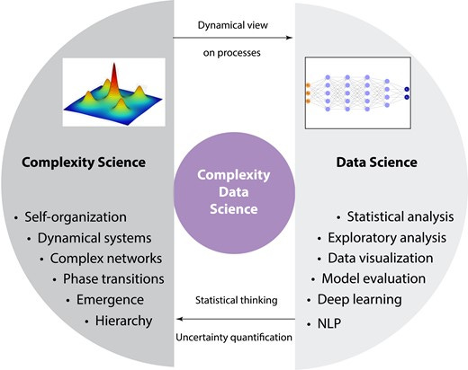 Education in complexity data science involves integrating the complementary fields of complexity science and data science. NLP = natural language processing.