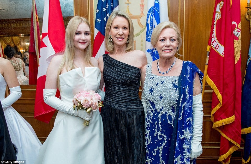 Grand family connections: Debutante Camila Mendoza Echavarria - the great-great-granddaughter of President Dwight D. Eisenhower - with grandmother and Anne Eisenhower and Julia Irene Kauffman, who were the honorary chairmen for the event Grand family connections: Debutante Camila Mendoza Echavarria - the great-great-granddaughter of President Dwight D. Eisenhower - with grandmother and Anne Eisenhower and Julia Irene Kauffman, who were the honorary chairmen for the event