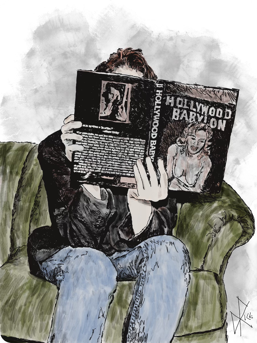 Sitting on the sofa, leafing through the book ‘Hollywood Babylon’. Sketch art by Don Rice.