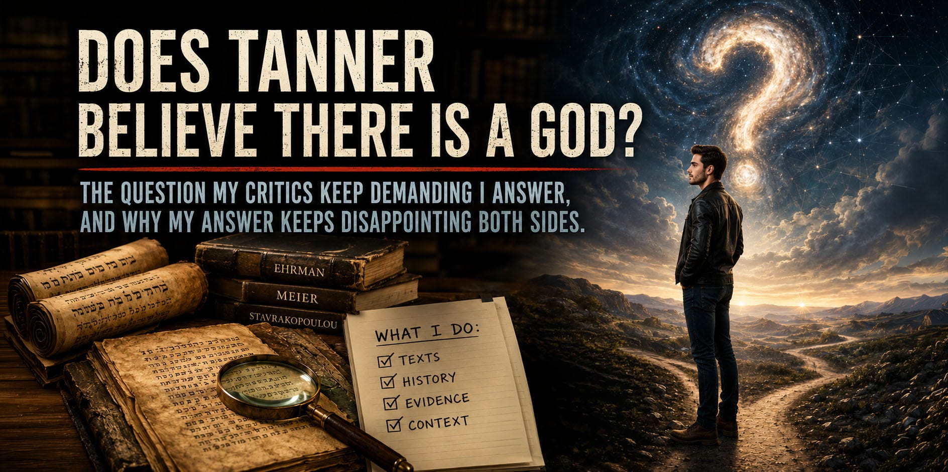 Featured image for an article about belief and agnosticism. On the left, ancient Hebrew manuscripts, a magnifying glass, and stacks of scholarly books symbolize textual criticism and historical research. On the right, a tall man in profile stands on a winding path beneath a vast cosmic sky dominated by a glowing question mark-shaped galaxy. Large headline text asks, “Does Tanner Believe There Is a God?” while notes labeled “What I Do” and “What I Don’t” emphasize evidence, history, and uncertainty over religious verdicts. Featured image for an article about belief and agnosticism. On the left, ancient Hebrew manuscripts, a magnifying glass, and stacks of scholarly books symbolize textual criticism and historical research. On the right, a tall man in profile stands on a winding path beneath a vast cosmic sky dominated by a glowing question mark-shaped galaxy. Large headline text asks, “Does Tanner Believe There Is a God?” while notes labeled “What I Do” and “What I Don’t” emphasize evidence, history, and uncertainty over religious verdicts.