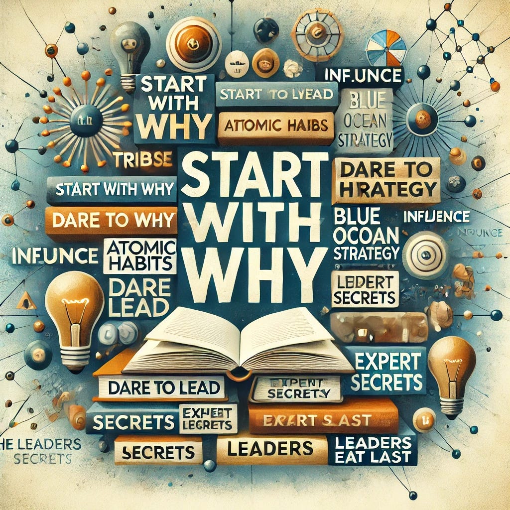 An abstract visual representation of books and thought leadership with a word collage integrated into the design. The collage should include keywords from influential books such as 'Start with Why,' 'Atomic Habits,' 'Dare to Lead,' 'Tribes,' 'Influence,' 'Blue Ocean Strategy,' 'The Thought Leaders Practice,' 'Expert Secrets,' and 'Leaders Eat Last.' The image should feature stacks of books, open pages, and abstract icons representing ideas and leadership. Lightbulbs, arrows, and nodes should be part of the background to symbolize spreading influence. The color palette should be professional, with soft blues, whites, and golds to evoke a sense of authority, knowledge, and wisdom.