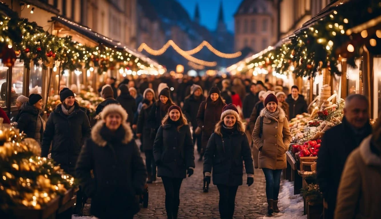 A Christmas market at dusk, glowing with lights, trees, and festive decorations, symbolising unity and hope.