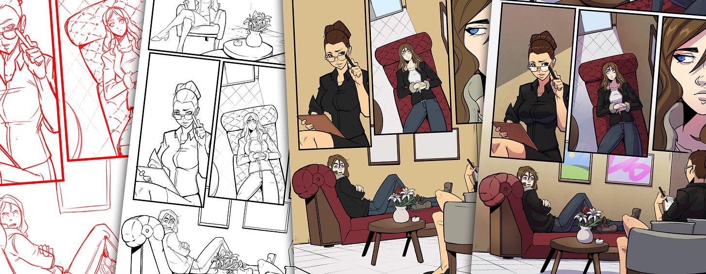 A comic page featuring a phased preview of creating it from sketch, to inked, to flat colors, and finally full rendered.