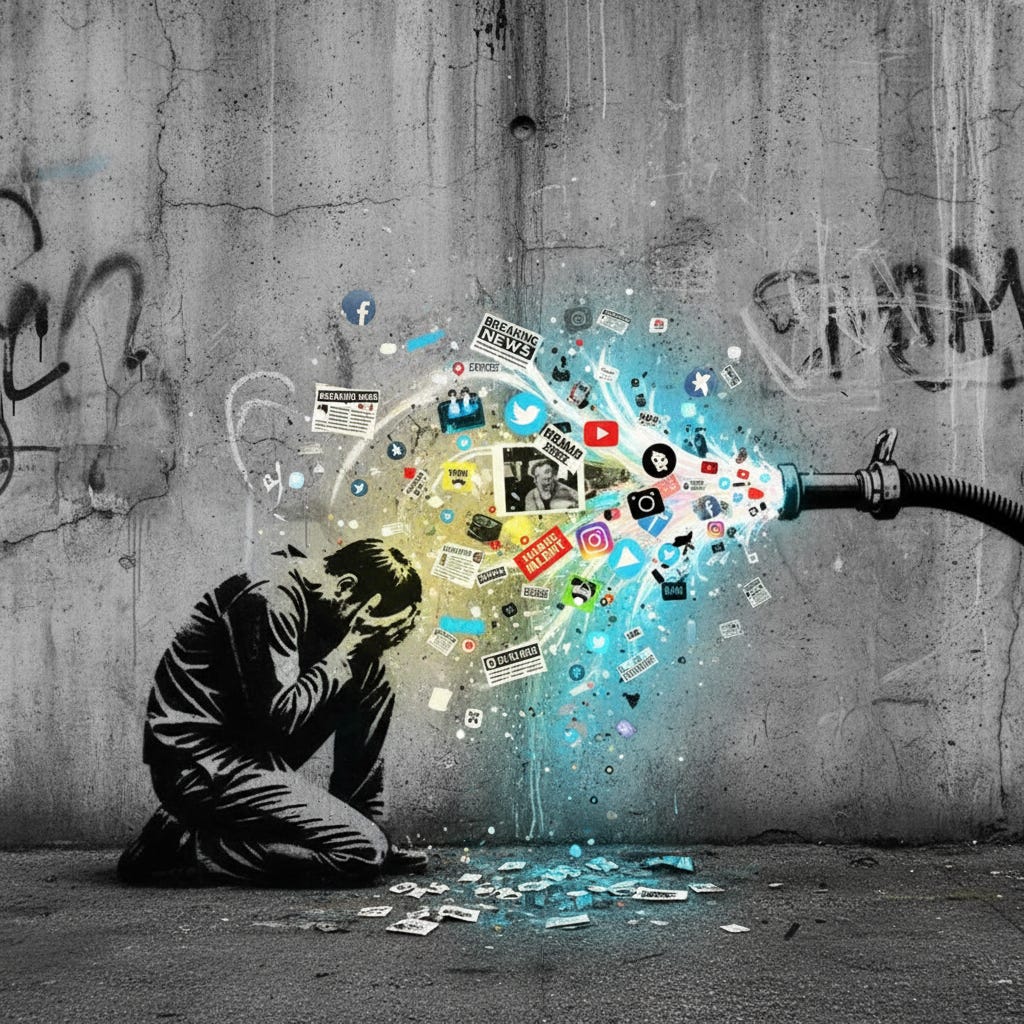 Inspired by Banksy A stark photorealistic image in the style of a Banksy stencil on a gritty concrete wall A person is kneeling on the ground head in their hands as a firehose blasts them But instead of water the hose is spraying a torrent o_image_1