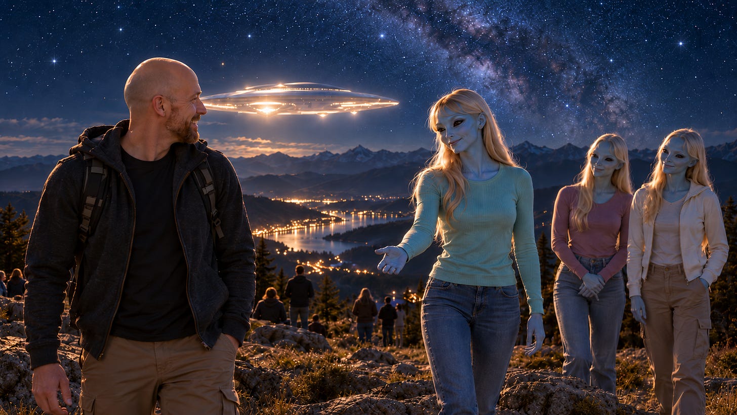 Matt turns toward Victoria and her two blue-skinned companions on a mountain overlook at night as a luminous ship hovers above distant mountains beneath a star-filled sky. Matt turns toward Victoria and her two blue-skinned companions on a mountain overlook at night as a luminous ship hovers above distant mountains beneath a star-filled sky.