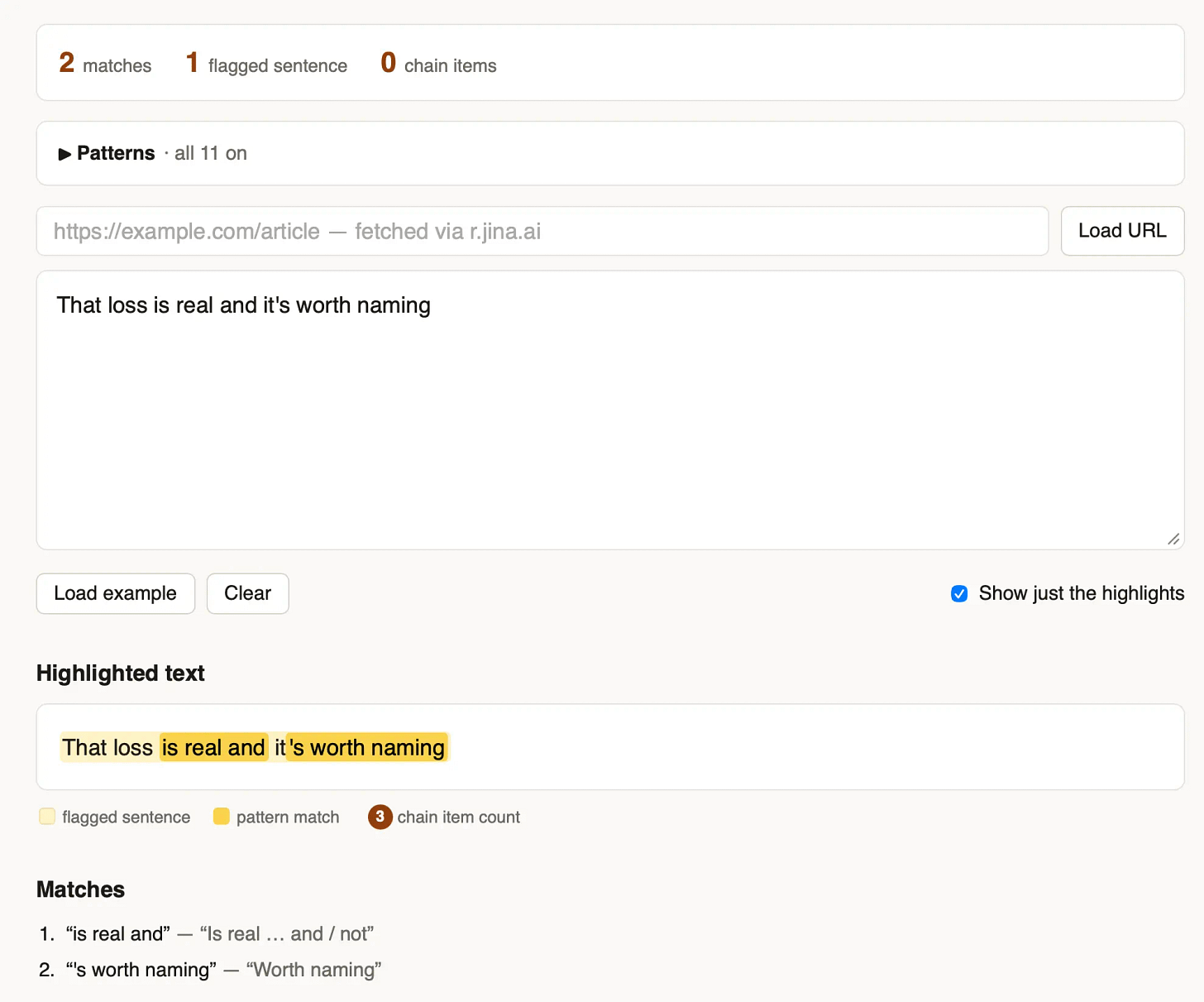 Screenshot of a text-analysis web tool. Top summary row: "2 matches", "1 flagged sentence", "0 chain items". Below, a collapsed "▶ Patterns · all 11 on" panel, then a URL input reading "https://example.com/article — fetched via r.jina.ai" with a "Load URL" button. A text area contains "That loss is real and it's worth naming". Below are "Load example" and "Clear" buttons and a checked checkbox "Show just the highlights". A "Highlighted text" section shows "That loss is real and it's worth naming" with "That loss" in pale yellow (flagged sentence) and "is real and" plus "'s worth naming" in darker yellow (pattern match). Legend: "flagged sentence", "pattern match", "3 chain item count". "Matches" section: 1. "is real and" — "Is real … and / not"; 2. "'s worth naming" — "Worth naming". Screenshot of a text-analysis web tool. Top summary row: "2 matches", "1 flagged sentence", "0 chain items". Below, a collapsed "▶ Patterns · all 11 on" panel, then a URL input reading "https://example.com/article — fetched via r.jina.ai" with a "Load URL" button. A text area contains "That loss is real and it's worth naming". Below are "Load example" and "Clear" buttons and a checked checkbox "Show just the highlights". A "Highlighted text" section shows "That loss is real and it's worth naming" with "That loss" in pale yellow (flagged sentence) and "is real and" plus "'s worth naming" in darker yellow (pattern match). Legend: "flagged sentence", "pattern match", "3 chain item count". "Matches" section: 1. "is real and" — "Is real … and / not"; 2. "'s worth naming" — "Worth naming".