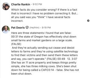 LinkedIn exchange on April 12, 2024, in which Charlie Rankin asks KGW to identify disputed facts and Pat Dooris lists three statements he considered false. LinkedIn exchange on April 12, 2024, in which Charlie Rankin asks KGW to identify disputed facts and Pat Dooris lists three statements he considered false.