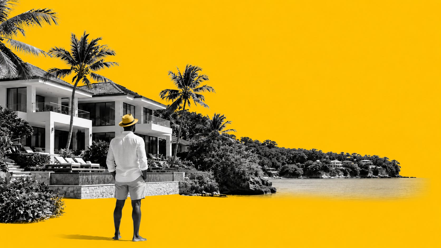 Grayscale luxury beachfront villa with palm trees and a resident overlooking the sea against a bold yellow background. Grayscale luxury beachfront villa with palm trees and a resident overlooking the sea against a bold yellow background.