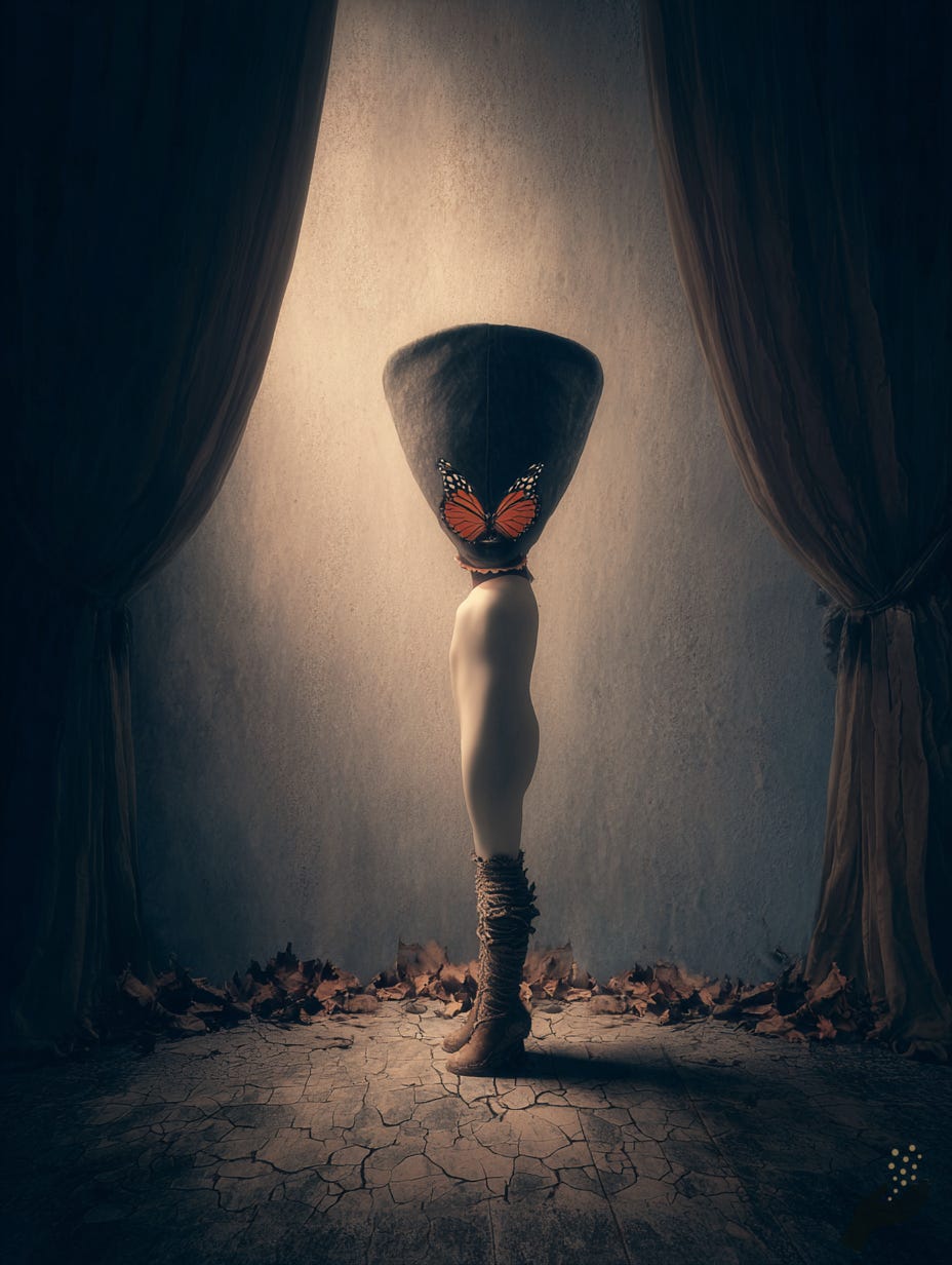Surreal stage-like artwork of a slender figure standing under a spotlight between dark curtains, topped with a large black vessel-like form with small red accents, on a floor scattered with petals.
