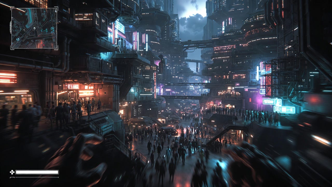 A screenshot from an immersive sim role-playing game with cyberpunk aesthetic, first-person perspective, viewed from street level in a vast multilayered futuristic city, populous and bustling, high detail, limited UI elements, asymmetrical composition, dynamic scene, character's hands visible in the foreground