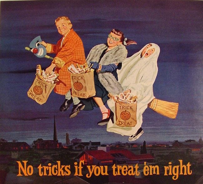 This may contain: an advertisement for trick or treat in the night with two children flying on brooms