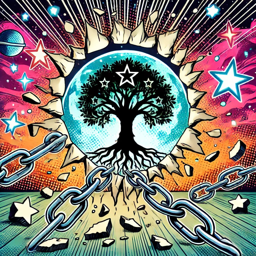 A comic book style illustration. In the center, a powerful symbol of a tree breaking free from chains that represent societal expectations. The tree has strong roots breaking through the shattered mold, symbolizing breaking free from constraints. In the background, a dream-like cityscape with vibrant colors and stars, representing personal dreams and aspirations.
