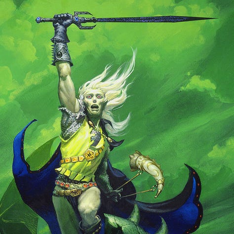 LEFT: Figure detail of Elric thrusting Stormbringer to the heavens. His face is anguished, mouth open as if in a cry. His brow is set as if in question. Shadows accentuate his pink eyes and high cheek bones. His long white hair is swept wild by the wind.  CENTER: Foreground detail from STORMBRINGER featuring the skull ruins where Elric is standing. The top of the skull is missing and one orbital broken. Prominent fangs protrude from upper and lower jaw. A pair of horns jut out from the side of the skull that is still intact.  RIGHT: Background detail from STORMBRINGER featuring the pterodactyl-like beast perched with talons gripping a stone lintel on the ruins. A pair of close-set, curved horns point inward just over its eyes as its long head arches back. Its wings are spread and the spade of its tail curls back to point at its open beak.