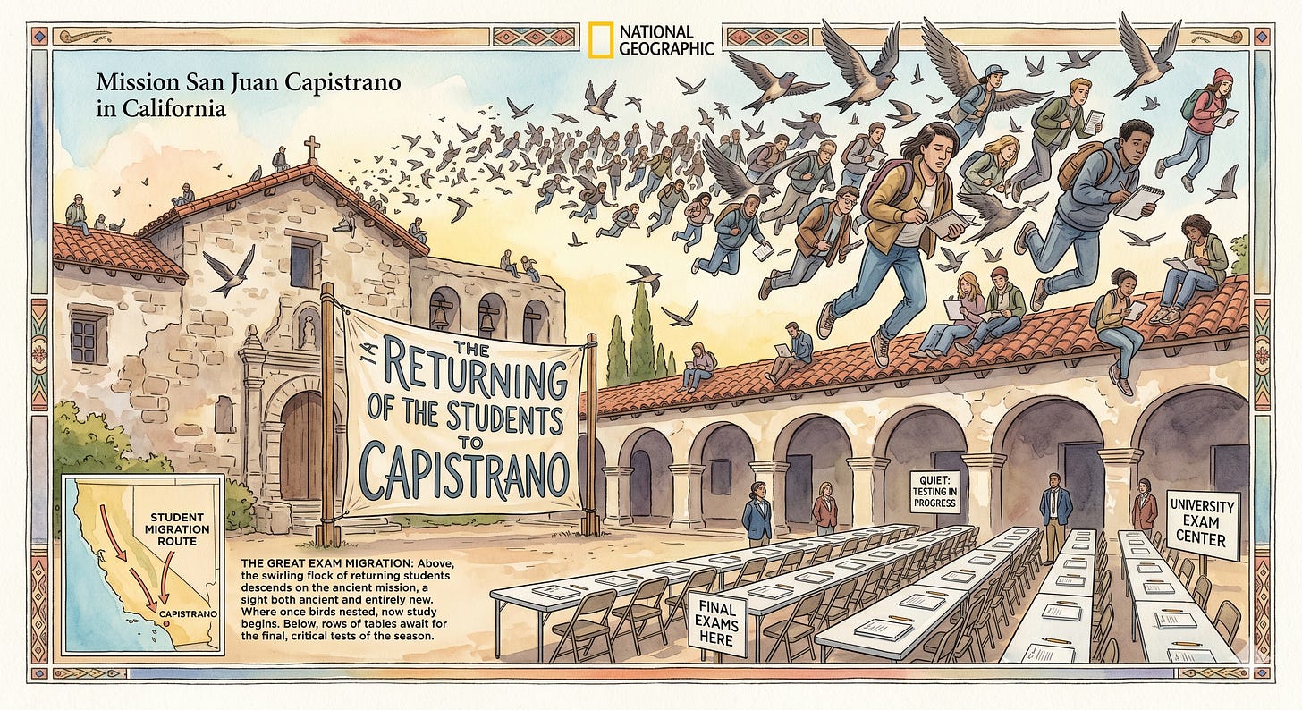 A satirical watercolor illustration in the style of a National Geographic article titled "The Returning of the Students to Capistrano." In the sky, a massive flock of college students with backpacks and laptops fly like migrating swallows toward Mission San Juan Capistrano. Below, the mission’s arched corridors are filled with long rows of tables labeled "Final Exams Here" and "University Exam Center." An inset map in the corner tracks the "Student Migration Route" along the California coast. A satirical watercolor illustration in the style of a National Geographic article titled "The Returning of the Students to Capistrano." In the sky, a massive flock of college students with backpacks and laptops fly like migrating swallows toward Mission San Juan Capistrano. Below, the mission’s arched corridors are filled with long rows of tables labeled "Final Exams Here" and "University Exam Center." An inset map in the corner tracks the "Student Migration Route" along the California coast.
