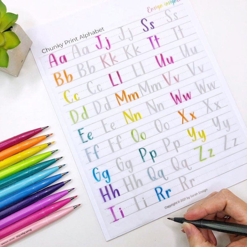 May include: A printable worksheet with the alphabet written in a chunky print style. Each letter is written in a different color, with the letters A through Z listed in order. The worksheet is titled "Chunky Print Alphabet".