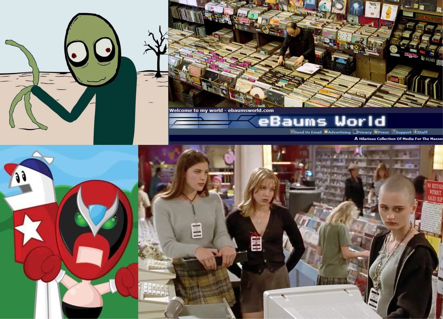 Screenshots of Homestar Runner and Salad Fingers, the eBaums World website logo, and a still from the movie Empire Records.