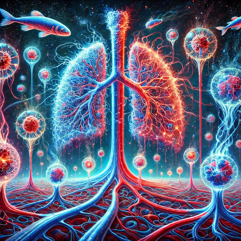 A surreal depiction of the human respiratory system reimagined as an electrical circuit, with vibrant blue and red flows representing electron transfer. The lungs are depicted as glowing nodes emitting electric sparks, while capillaries appear as fine, luminous wires connecting the lungs to the body. Hemoglobin is represented as dynamic, color-shifting orbs switching between glowing red and blue. A backdrop of deep-sea fish surrounded by faint bioluminescent glow symbolizes survival in oxygen-poor environments, contrasted with the cellular landscape, where structures of 'EZ water' glow with an ethereal, electrified aura. The entire scene combines scientific precision with artistic abstraction, using expressive strokes and bold colors. A surreal depiction of the human respiratory system reimagined as an electrical circuit, with vibrant blue and red flows representing electron transfer. The lungs are depicted as glowing nodes emitting electric sparks, while capillaries appear as fine, luminous wires connecting the lungs to the body. Hemoglobin is represented as dynamic, color-shifting orbs switching between glowing red and blue. A backdrop of deep-sea fish surrounded by faint bioluminescent glow symbolizes survival in oxygen-poor environments, contrasted with the cellular landscape, where structures of 'EZ water' glow with an ethereal, electrified aura. The entire scene combines scientific precision with artistic abstraction, using expressive strokes and bold colors.