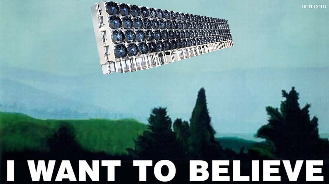 Parody of the X-Files poster: a direct air capture unit floats like a UFO above dark pine trees, over the words "I want to believe".