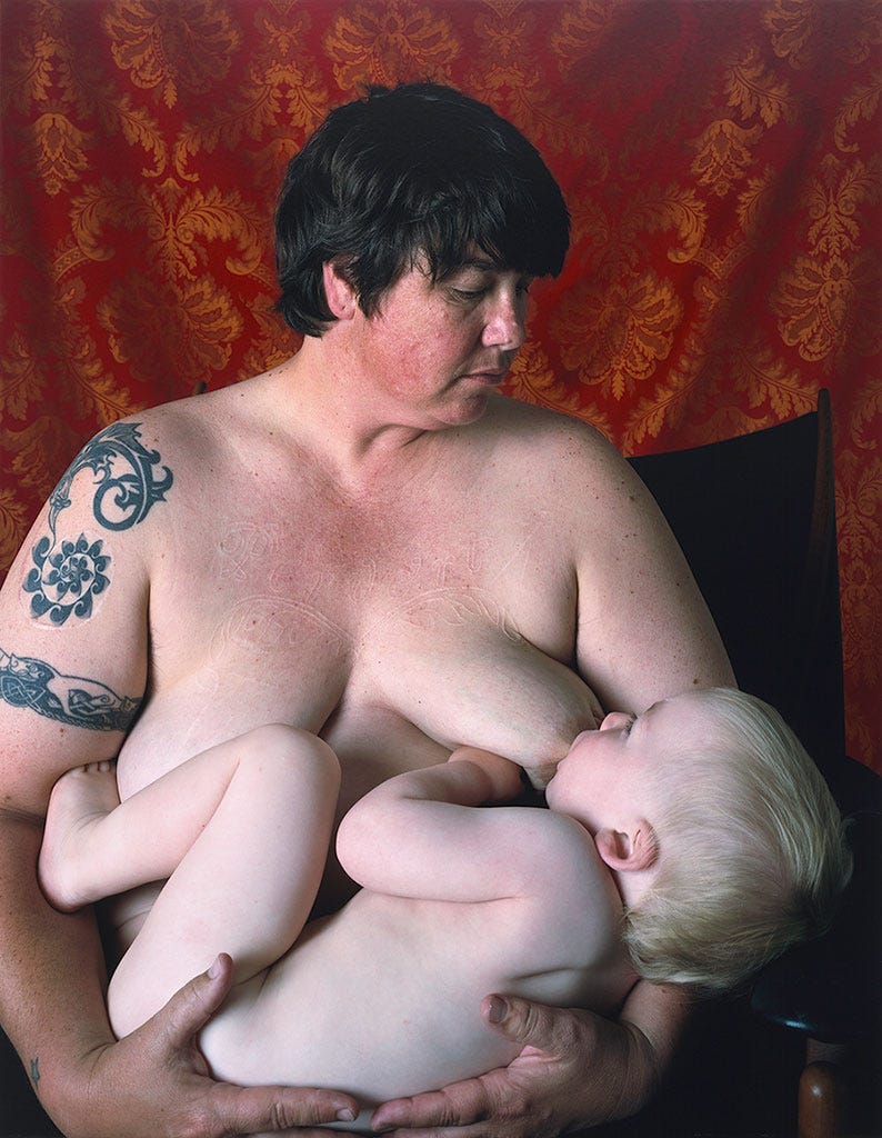 Catherine Opie, Self-Portrait/Nursing, 2004 (detail). Chromogenic print, 40 x 31 inches (101.6 x 78.7 cm), edition 7/8. Solomon R. Guggenheim Museum, New York, Purchased with funds contributed by the International Director’s Council and Executive Committee Members: Ruth Baum, Edythe Broad, Elaine Terner Cooper, Dimitris Daskalopoulos, Harry David, Gail May Engelberg, Shirley Fiterman, Nicki Harris, Dakis Joannou, Rachel Lehmann, Linda Macklowe, Peter Norton, Tonino Perna, Elizabeth Richebourg Rea, Mortimer D. A. Sackler, Simonetta Seragnoli, David Teiger, Ginny Williams, and Elliot K. Wolk, and Sustaining Members: Tiqui Atencio, Linda Fischbach, Beatrice Habermann, and Cargill and Donna MacMillan 2005.14 © Catherine Opie Catherine Opie, Self-Portrait/Nursing, 2004 (detail). Chromogenic print, 40 x 31 inches (101.6 x 78.7 cm), edition 7/8. Solomon R. Guggenheim Museum, New York, Purchased with funds contributed by the International Director’s Council and Executive Committee Members: Ruth Baum, Edythe Broad, Elaine Terner Cooper, Dimitris Daskalopoulos, Harry David, Gail May Engelberg, Shirley Fiterman, Nicki Harris, Dakis Joannou, Rachel Lehmann, Linda Macklowe, Peter Norton, Tonino Perna, Elizabeth Richebourg Rea, Mortimer D. A. Sackler, Simonetta Seragnoli, David Teiger, Ginny Williams, and Elliot K. Wolk, and Sustaining Members: Tiqui Atencio, Linda Fischbach, Beatrice Habermann, and Cargill and Donna MacMillan 2005.14 © Catherine Opie