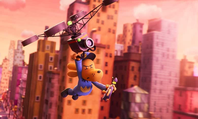 animated still from Dog Man; a animorphic Dog guy is flying through the air holding onto a drone in one hand and a drone control in the other; skyscrapers in the background animated still from Dog Man; a animorphic Dog guy is flying through the air holding onto a drone in one hand and a drone control in the other; skyscrapers in the background