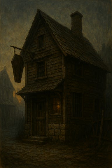 Create an external image of Henrik's Coffin Shop for our show based on Curse of Strahd