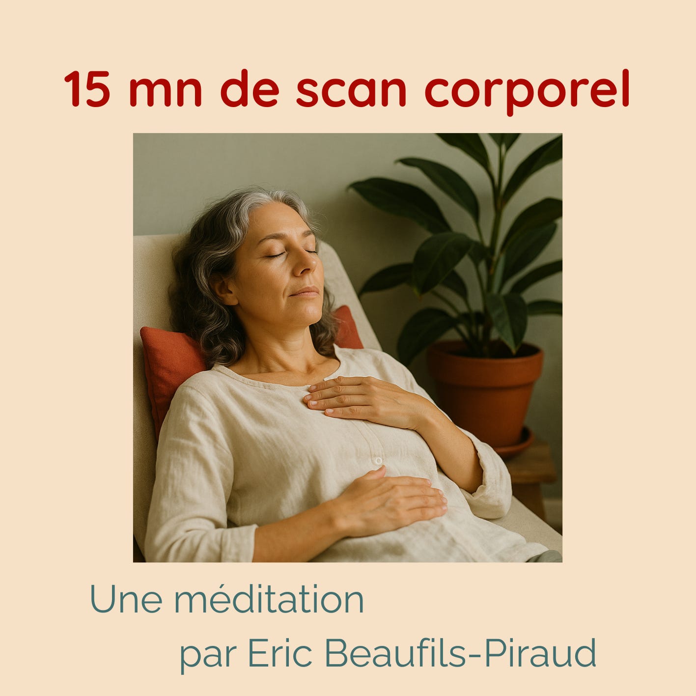 Méditation guidée scan corporel : femme allongée, en posture de relaxation, mains sur poitrine et ventre.