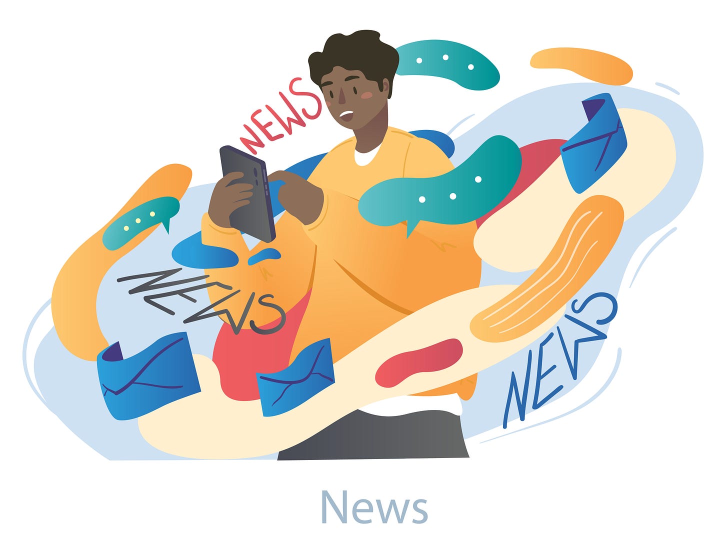 Illustration of a man looking at the news on his smartphone as envelope symbols and the word "news" swirls around him