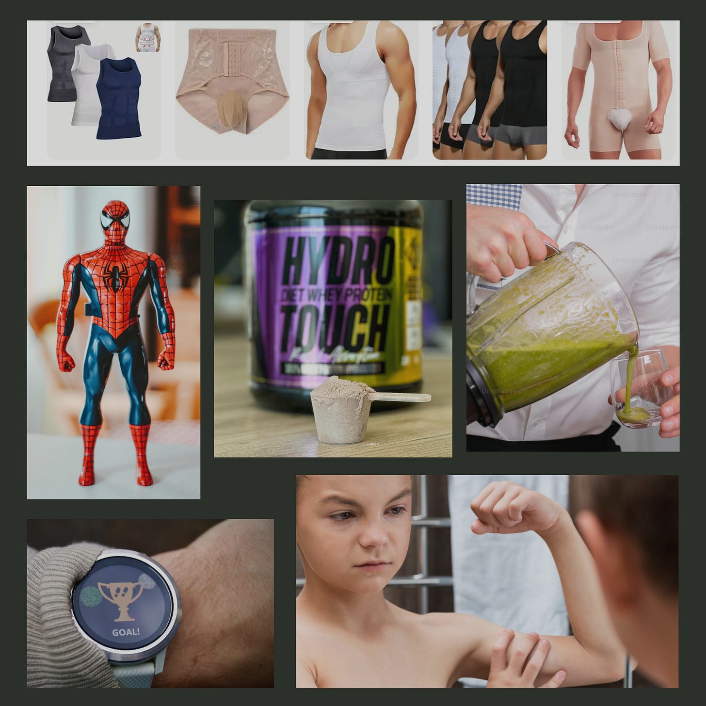 collage of photos of masculine diet culture, including shapewear for men, protein powder, and a young boy assessing his muscles in a mirror