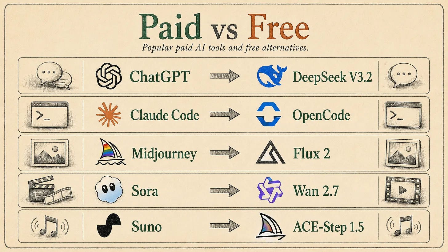 Paid AI tools and their free open source alternatives, ChatGPT to DeepSeek, Claude Code to OpenCode