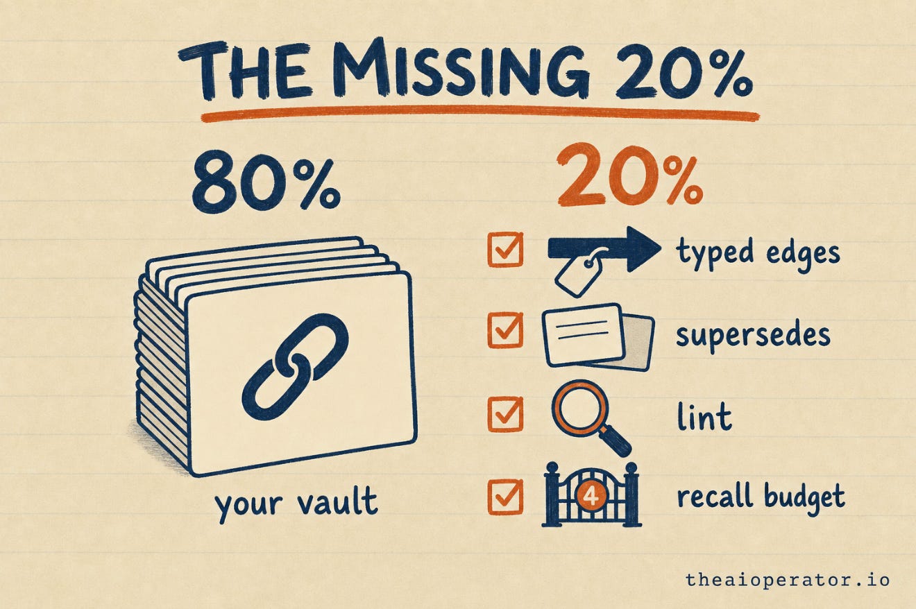 Sketchnote titled The Missing 20%. A stack of linked note cards labeled your vault under 80%, beside a checklist labeled 20% with typed edges, supersedes, lint, and recall budget. Sketchnote titled The Missing 20%. A stack of linked note cards labeled your vault under 80%, beside a checklist labeled 20% with typed edges, supersedes, lint, and recall budget.