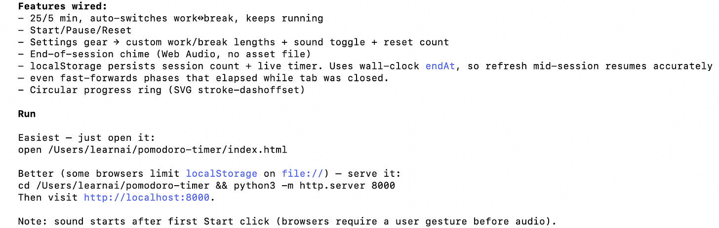 Claude Code build output for a Pomodoro timer web app Claude Code build output for a Pomodoro timer web app