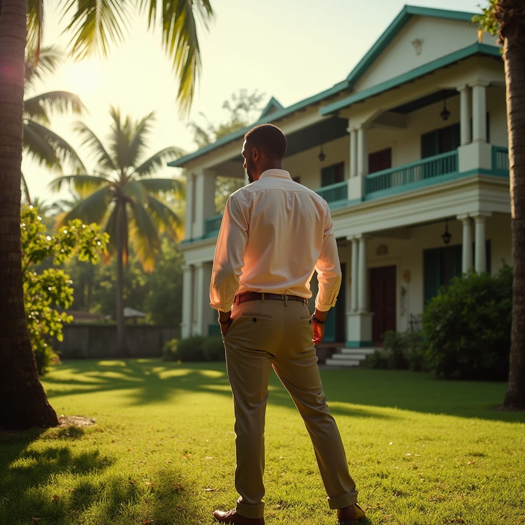 A sharply dressed agent, clad in a crisp, pastel-hued shirt and tailored pants, stands amidst the lush Jamaican landscape, gazing intently at a stately colonial-style mansion. The warm, golden light of the Caribbean sun casts long shadows across the property's manicured lawn, as the agent meticulously assesses the estate's value. The atmosphere is thick with the scent of blooming hibiscus and the distant thrum of reggae music.