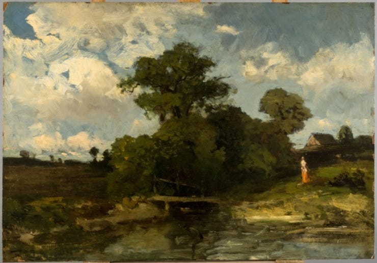 'Dame bij beekje' - olieverf op papier op paneel: Théophile de Bock (Veilinghuis Peerdeman, kavel 4029) 'Dame bij beekje' - olieverf op papier op paneel: Théophile de Bock (Veilinghuis Peerdeman, kavel 4029)