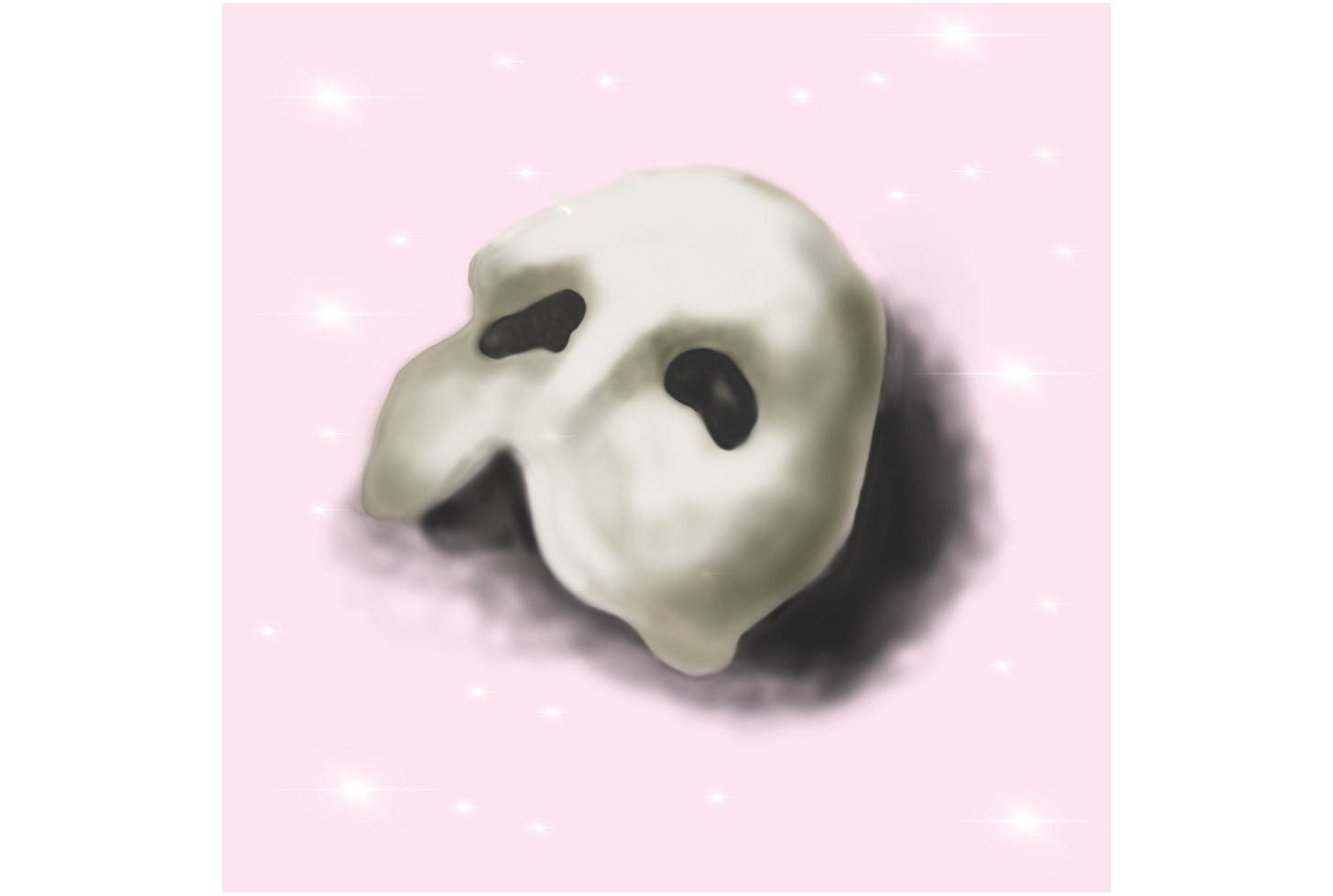 A digital drawing of a Phantom of the Opera inspired white masquerade mask on a soft pink background with white sparkle accents. 