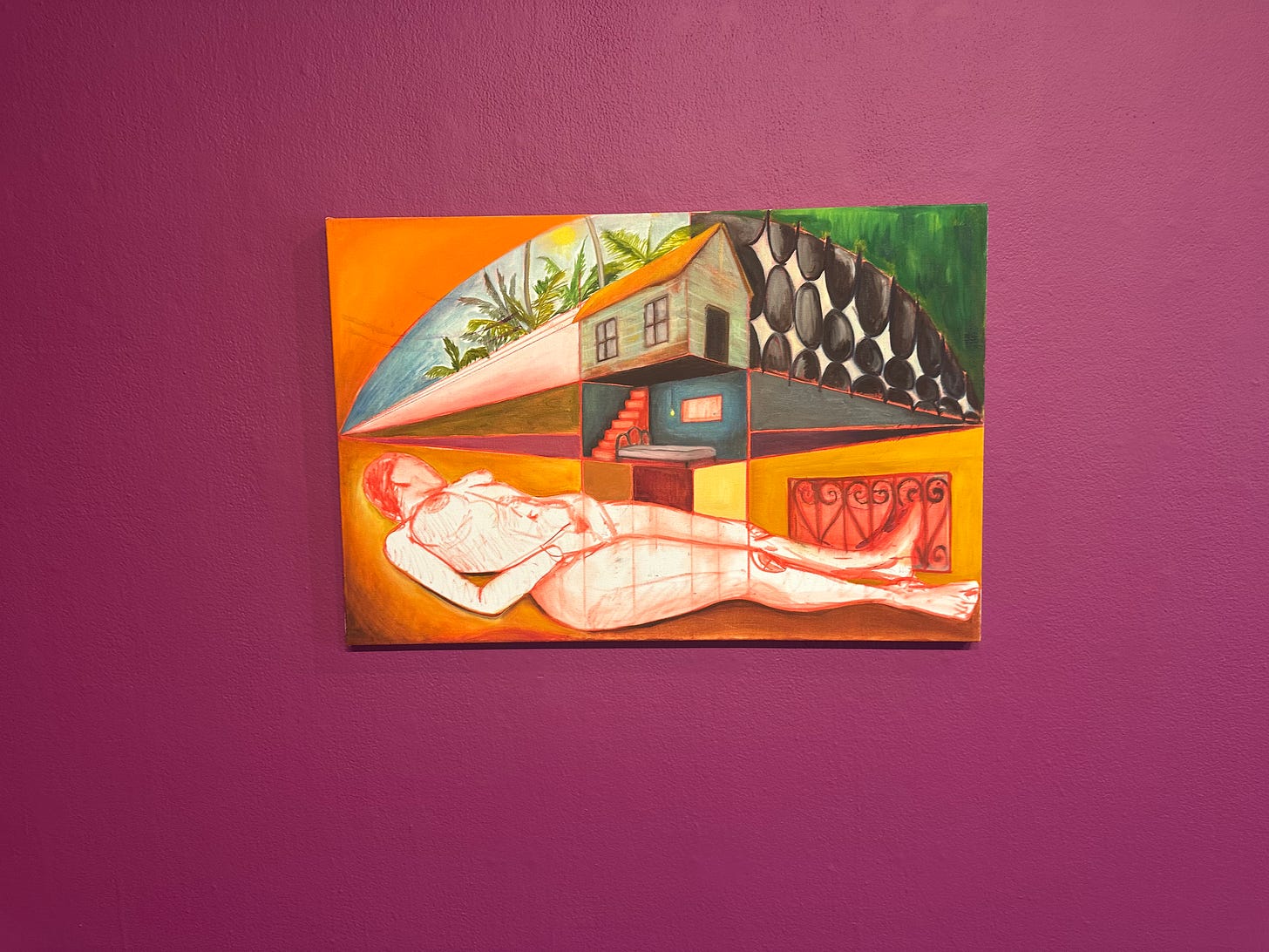 Stripped of most color and shading, a woman's naked outline lies underneath displaced and abstracted forms of a home's exterior and interior spaces, covered in glowing bright orange and a sun shining over the whole world below