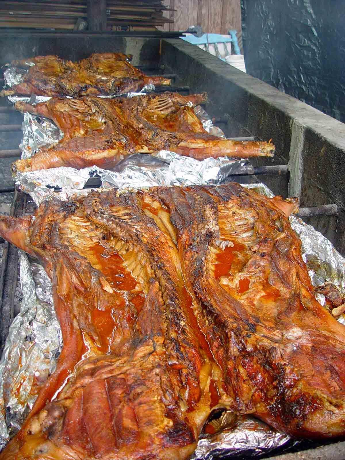 Three racks of traditional whole-hog barbecue Three racks of traditional whole-hog barbecue