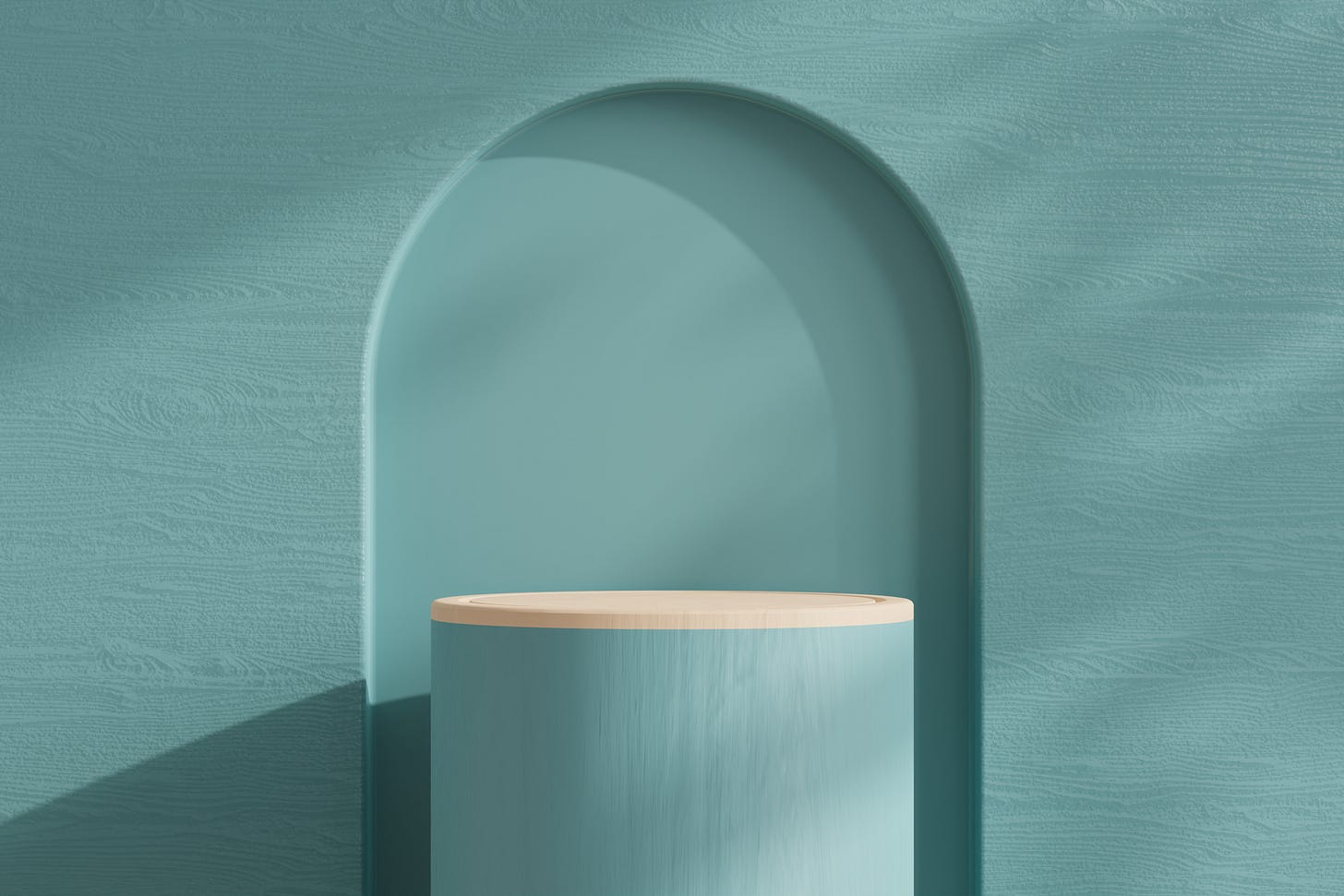 Minimal teal archway and pedestal suggesting a clear niche opening