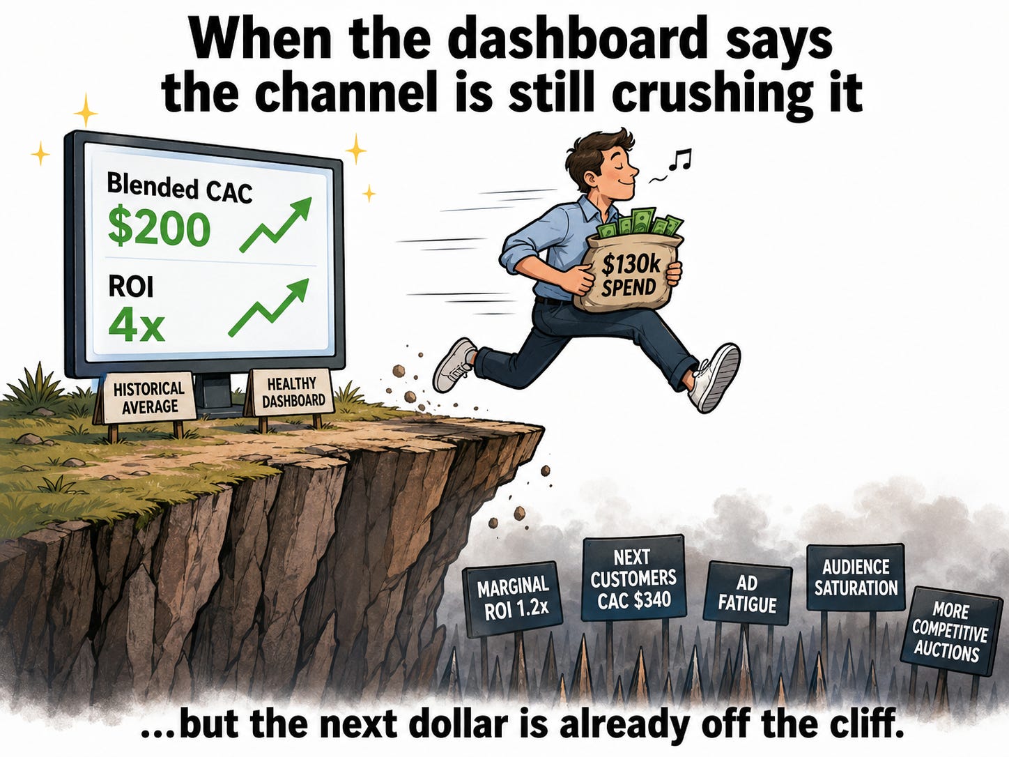Cartoon meme of a marketer happily running off a cliff with a bag labeled “$130k spend” while a dashboard behind him shows strong blended CAC and ROI, but the drop below is labeled with rising CAC, weak marginal ROI, ad fatigue, audience saturation, and more competitive auctions. Cartoon meme of a marketer happily running off a cliff with a bag labeled “$130k spend” while a dashboard behind him shows strong blended CAC and ROI, but the drop below is labeled with rising CAC, weak marginal ROI, ad fatigue, audience saturation, and more competitive auctions.