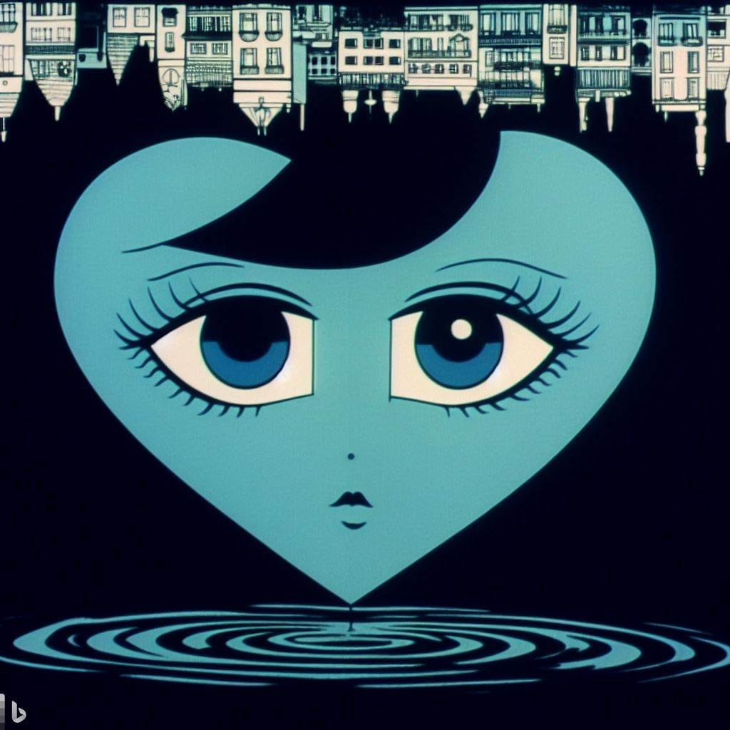 a still from a chic french-japanese cartoon from 1971 of an inverted upside-down neptune blue heart with a face and the saddest ocean blue eyes you've ever seen in a state of dissociated alienation in the style of the commes des garcons play logo 