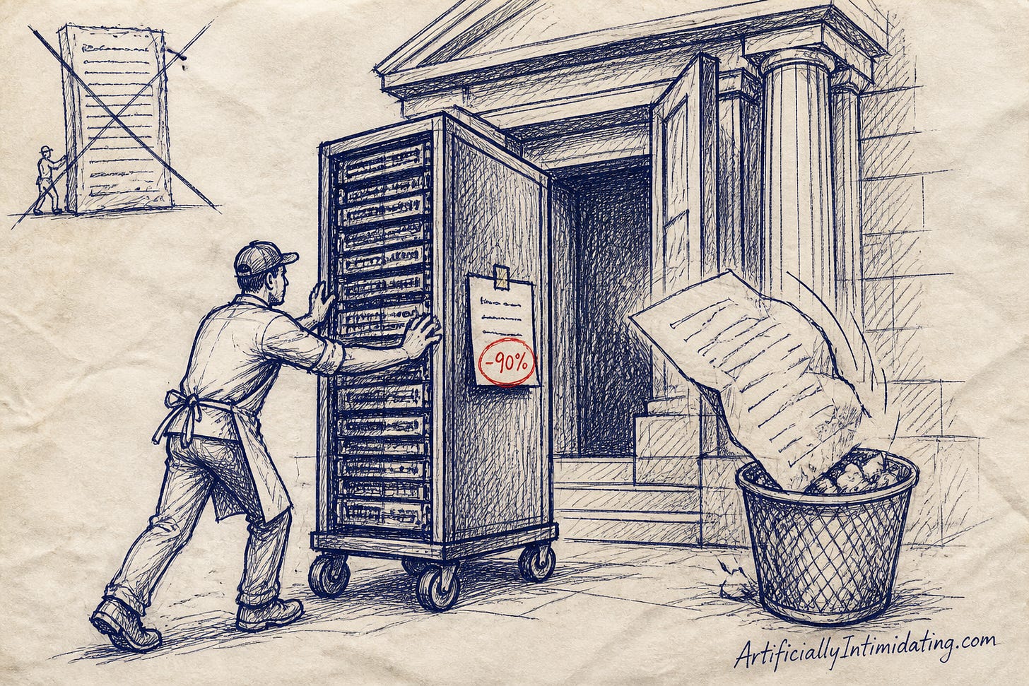An engineer in an apron wheels a server rack into a stone bank lobby while a giant invoice tumbles into a trash can, and a tiny receipt on the rack carries a red-circled tag reading minus 90 percent. An engineer in an apron wheels a server rack into a stone bank lobby while a giant invoice tumbles into a trash can, and a tiny receipt on the rack carries a red-circled tag reading minus 90 percent.