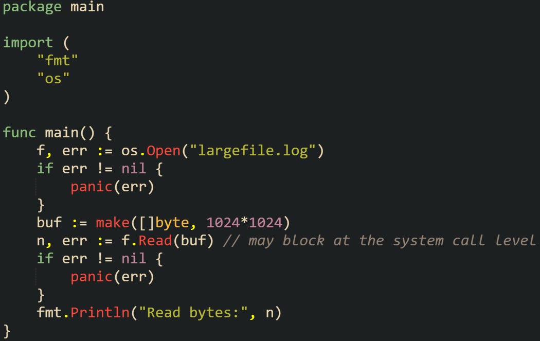 package main  import (     "fmt"     "os" )  func main() {     f, err := os.Open("largefile.log")     if err != nil {         panic(err)     }     buf := make([]byte, 1024*1024)     n, err := f.Read(buf) // may block at the system call level     if err != nil {         panic(err)     }     fmt.Println("Read bytes:", n) }