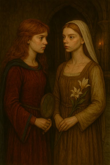 A dark fantasy image of Ireena Kolyana, visually reminiscent of Tamsin McKenzie with red hair, standing in the candlelit chapel of the Abbey of St. Markovia, gazing at Vasilka, visually reminiscent of Anya Taylor-Joy. Ireena has auburn-red hair braided over one shoulder, her expression wary and sorrowful. She wears a deep burgundy cloak over traveling leathers, and her hand rests lightly on the hilt of a sword. Vasilka stands serenely in the center of the chapel, clad in a flowing ivory gown, her platinum-blonde hair cascading down her back. Her expression is vacant, her posture graceful but unnaturally still. The chapel is dimly lit by flickering candles, with rose petals scattered across the stone floor and faded frescoes of saints on the walls. The atmosphere is tense, reverent, and tragic.