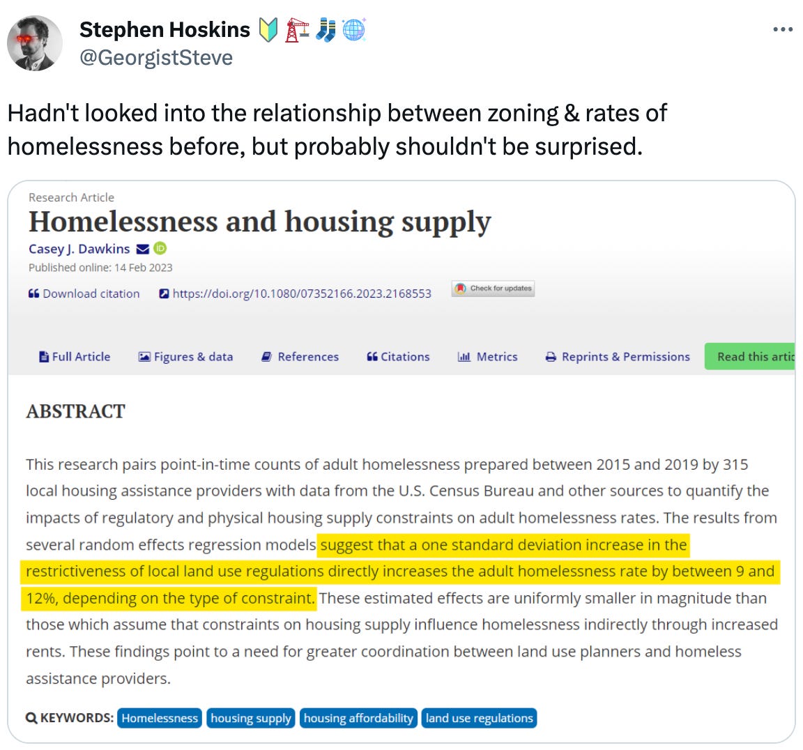 Stephen Hoskins 🔰🏗️🧦🪩 @GeorgistSteve Hadn't looked into the relationship between zoning & rates of homelessness before, but probably shouldn't be surprised. Stephen Hoskins 🔰🏗️🧦🪩 @GeorgistSteve Hadn't looked into the relationship between zoning & rates of homelessness before, but probably shouldn't be surprised.