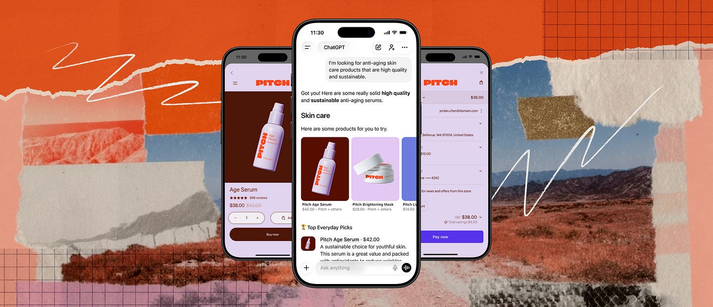 Three smartphones showing a skincare shopping journey: product page, ChatGPT recommending products, and checkout screen, on a colorful collage background. Three smartphones showing a skincare shopping journey: product page, ChatGPT recommending products, and checkout screen, on a colorful collage background.