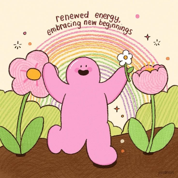 This may contain: a pink teddy bear standing in the dirt with flowers