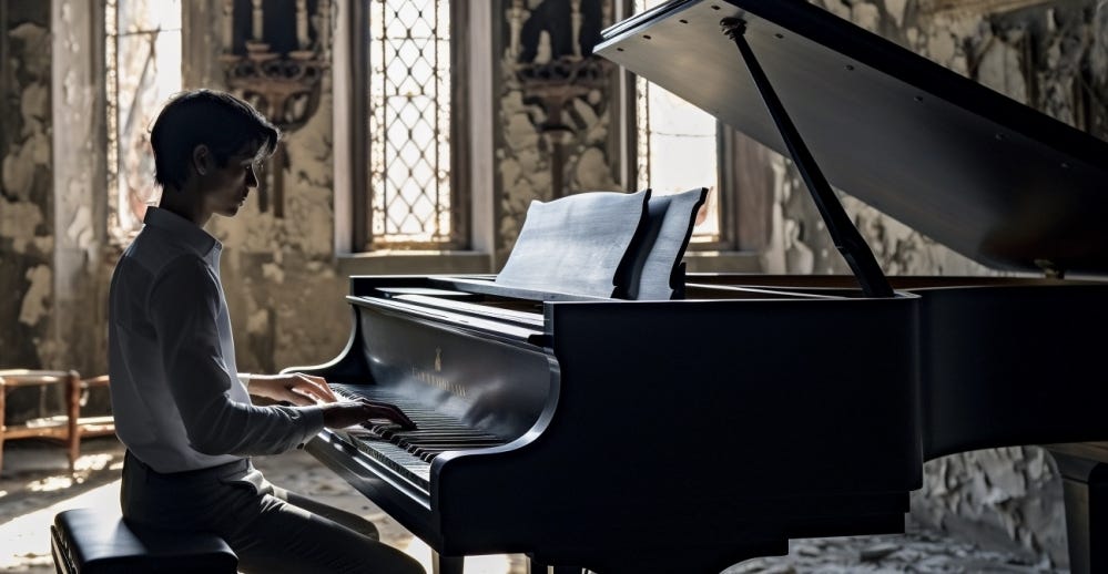Guy playing an abandoned piano in an abandoned house
