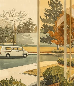 vintage editorial watercolor illustration of a view through a corporate office window, manicured grounds, white delivery van at loading dock, grounds crew in distance, muted neutrals, cream paper texture