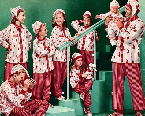 Families in the 1950s wearing match pajama sets in festive Christmas designs