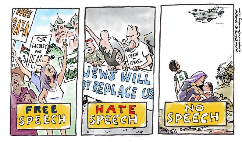 3 panel illustration showing Free Speech as a campus protest, Hate Speech as neo-Nazi's marching and No Speech for the victims of war.